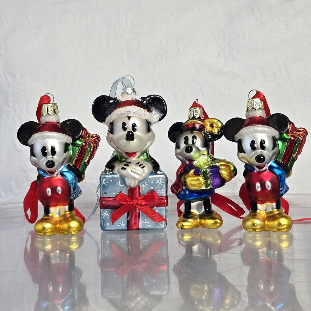 4 pc Disney Mickey & Minnie Mouse Blown Mercury Glass Christmas Ornaments